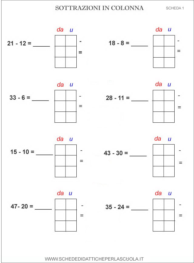 Sottrazioni In Colonna Schede Didattiche Per La Scuola