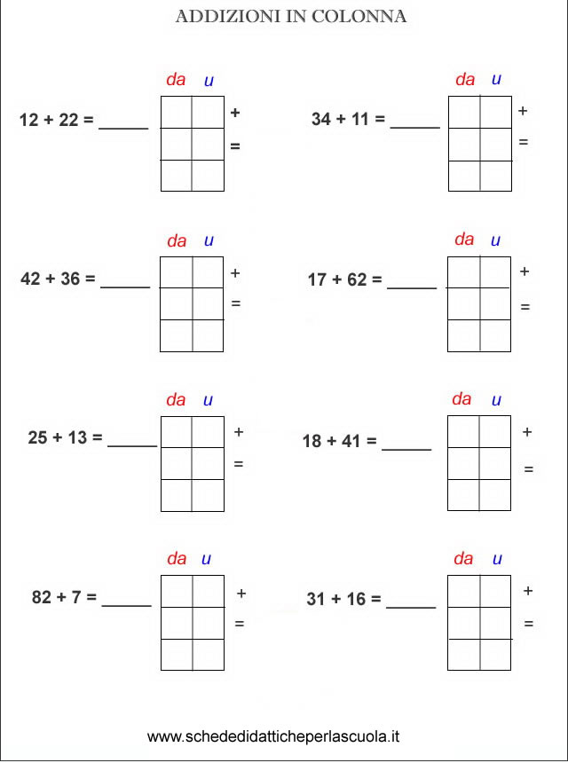 Addizioni In Colonna Schede Didattiche Per La Scuola