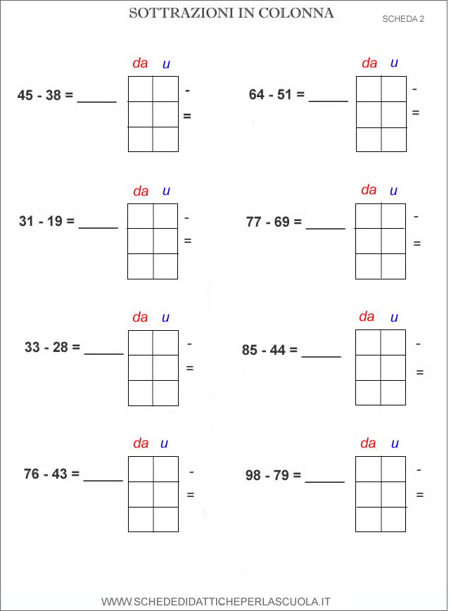 Sottrazioni In Colonna Schede Didattiche Per La Scuola