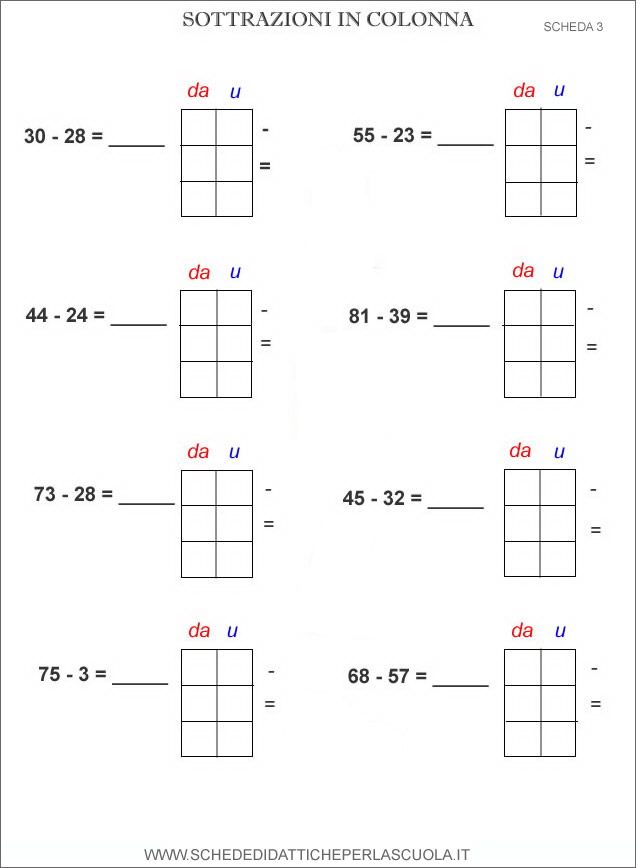 Sottrazioni In Colonna Schede Didattiche Per La Scuola